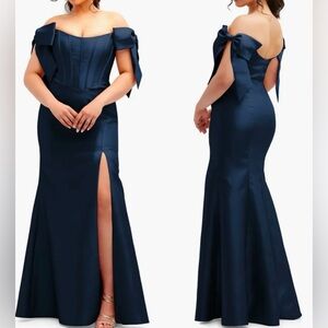 NWOT Alfred Sung Off the Shoulder Bow Corset Satin Trumpet Gown Navy sz 8